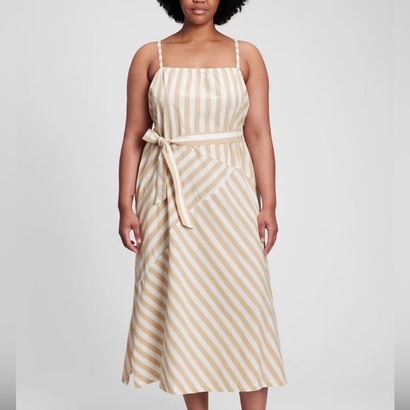 GAP Belted Patchwork Khaki Striped Midi Dress - Picture 2 of 11
